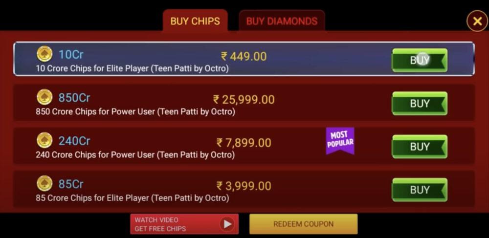 Options for buying Teen Patti chips